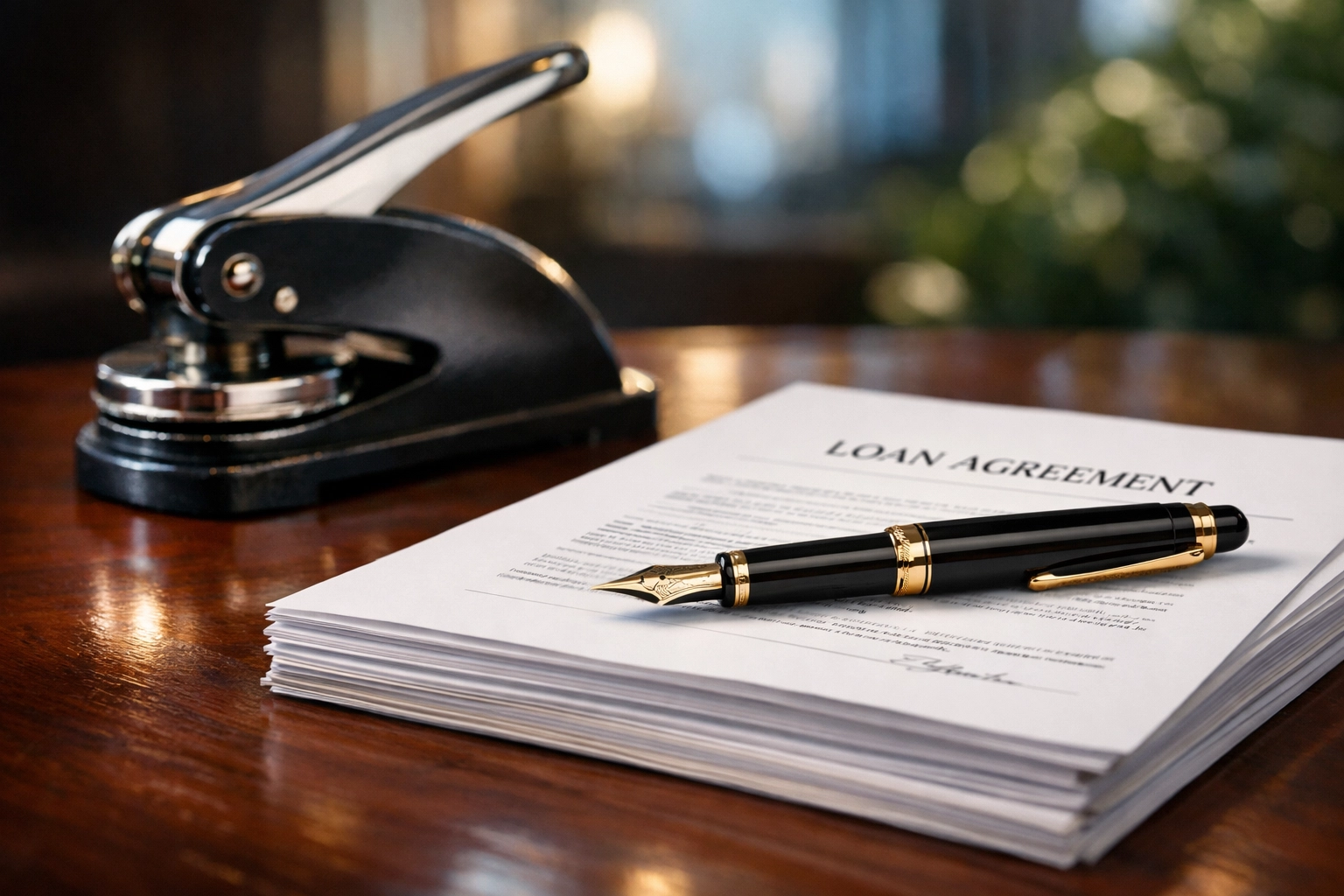 Close-up of a pen and notary stamp on loan documents, representing a professional loan signing agent service.