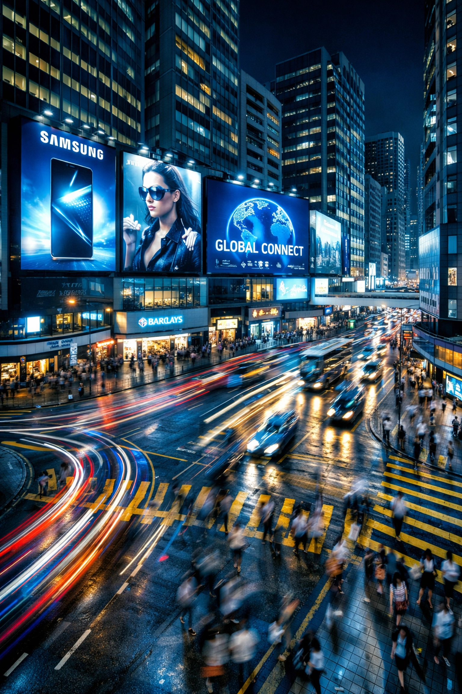 High-angle view of massive digital billboards overlooking a busy Hong Kong city intersection at night.