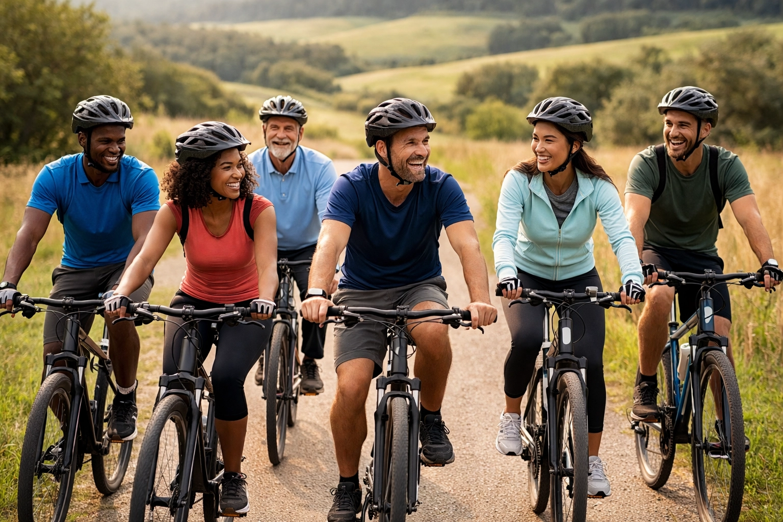 Corporate team building group cycling on a countryside path, promoting unity and healthy workplace culture