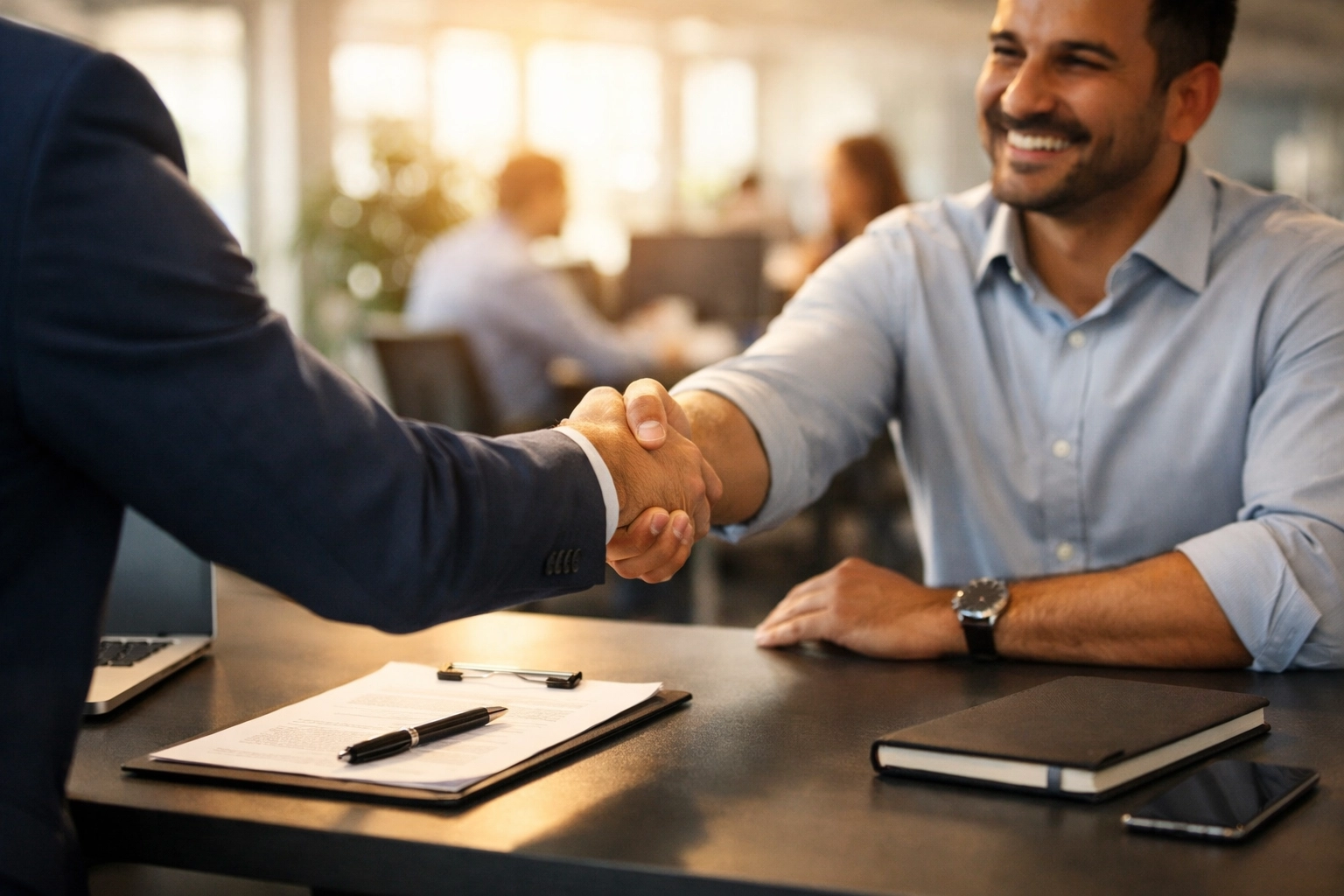 A business handshake in a modern office representing successful lead conversion and marketing partnership.
