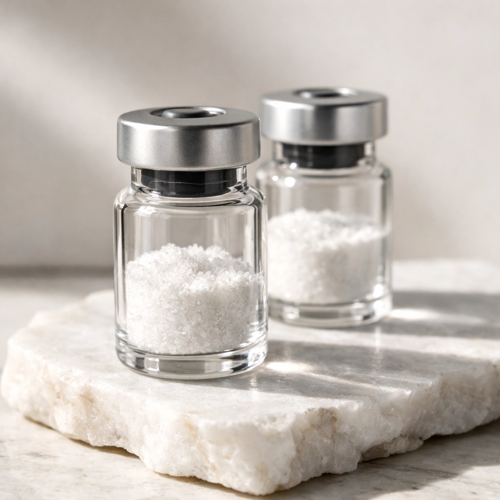 Vials of Tirzepatide and Retatrutide peptides resting on marble for metabolic research.