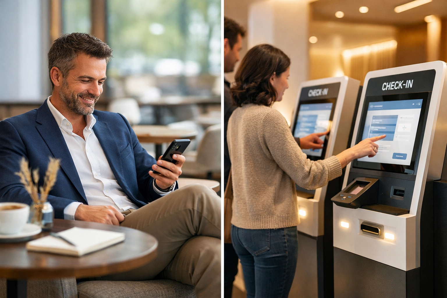 Hotel manager using mobile PMS and guests at self-check-in kiosks in modern lobby