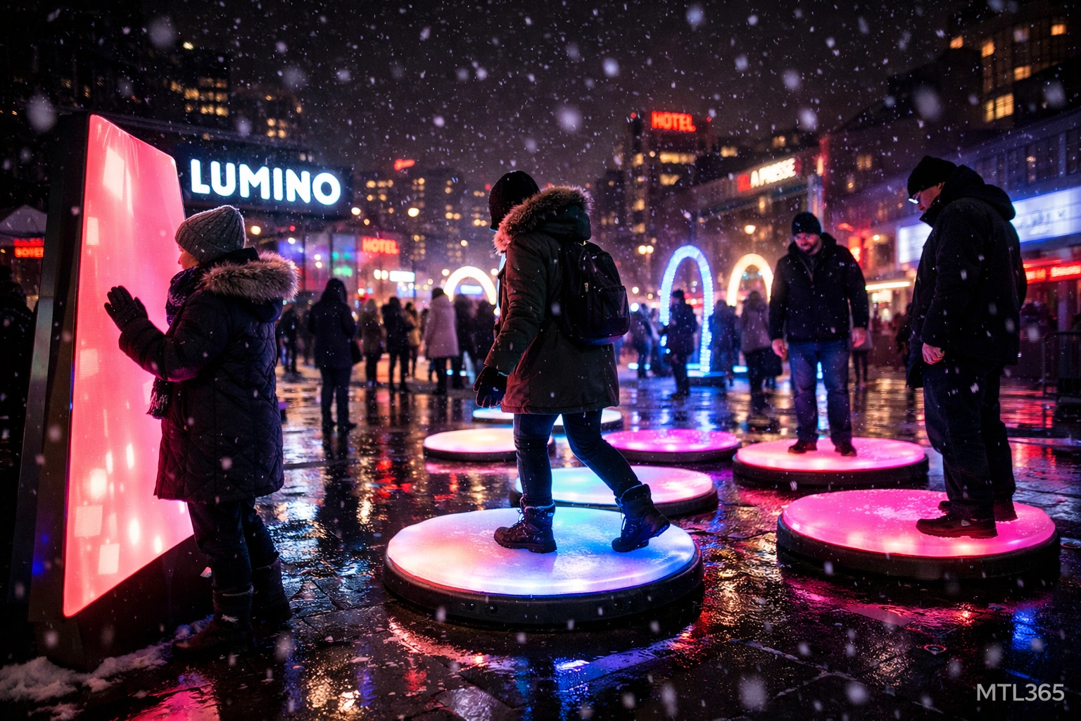 Interactive light sculptures at the LUMINO outdoor exhibition in Montreal's Quartier des Spectacles.