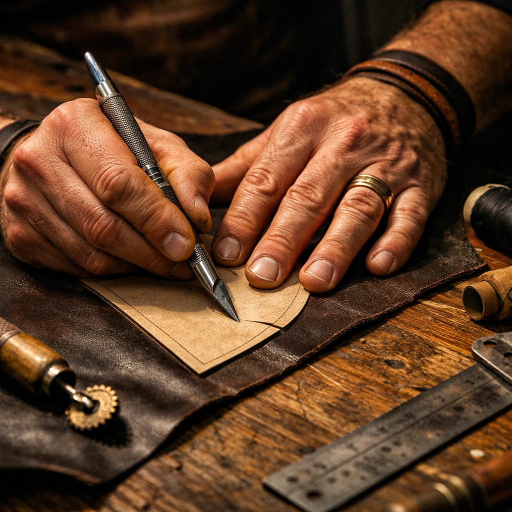 Craftsman hands working with leather, showing the custom-fit approach to building a lasting financial legacy.