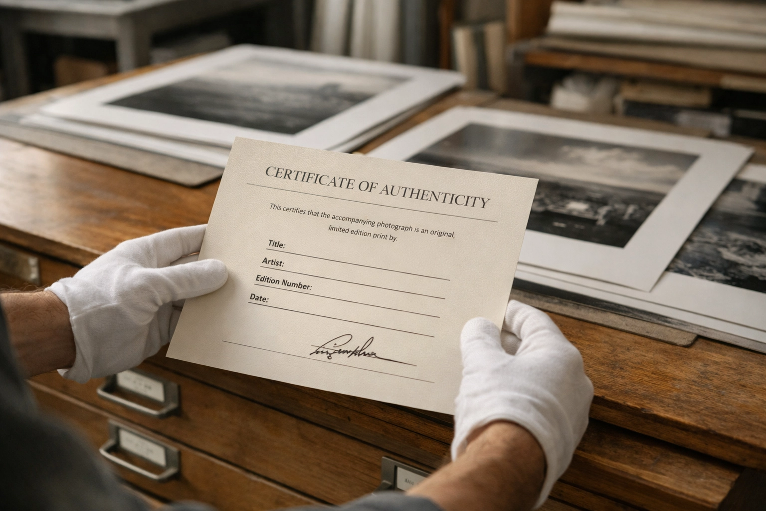 Photographer holding a certificate of authenticity for limited edition photography prints in a professional studio.