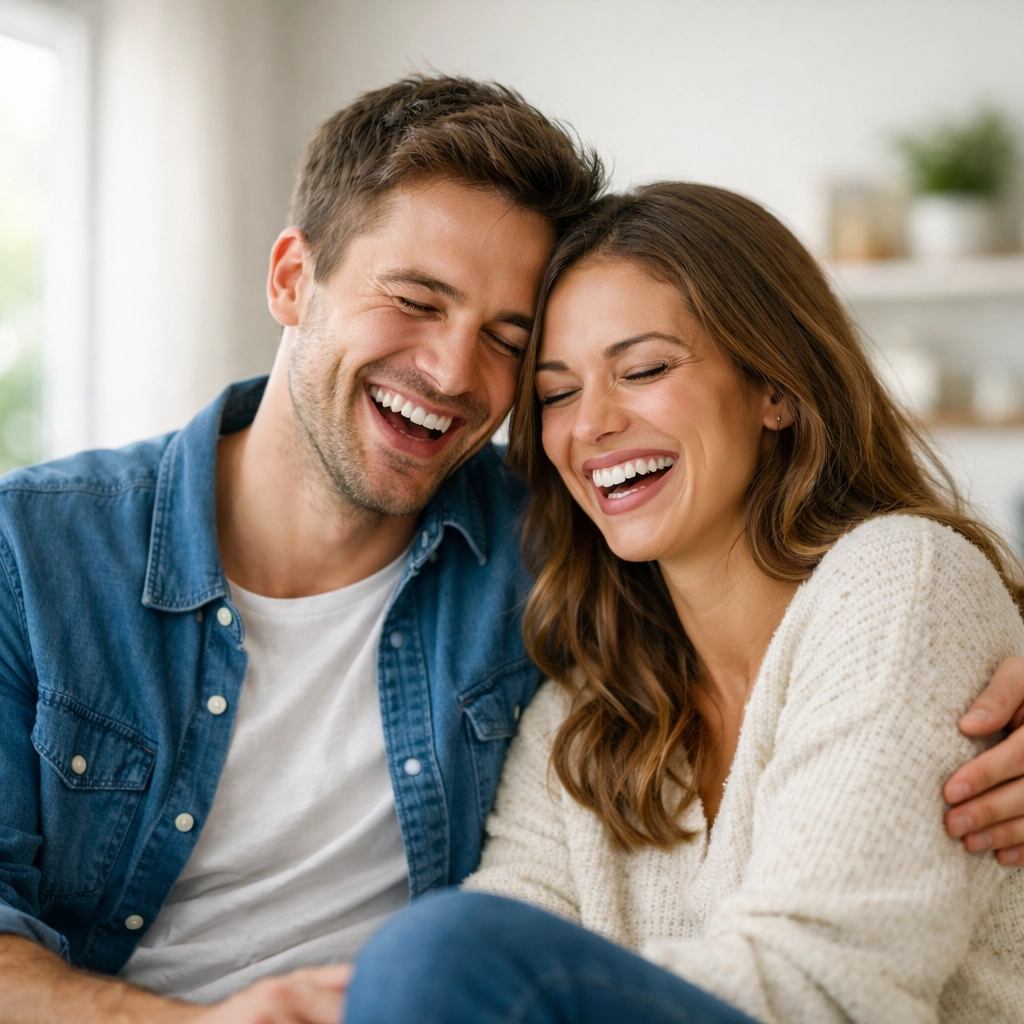 A relieved Canadian couple in their living room after securing an online payday loan for bills.