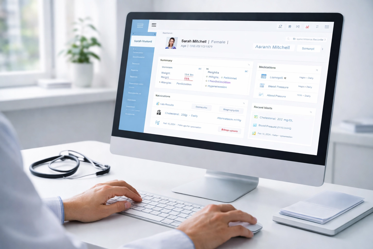 Clinician interacting with desktop EHR interface, showcasing seamless clinical decision support within a healthcare workflow.