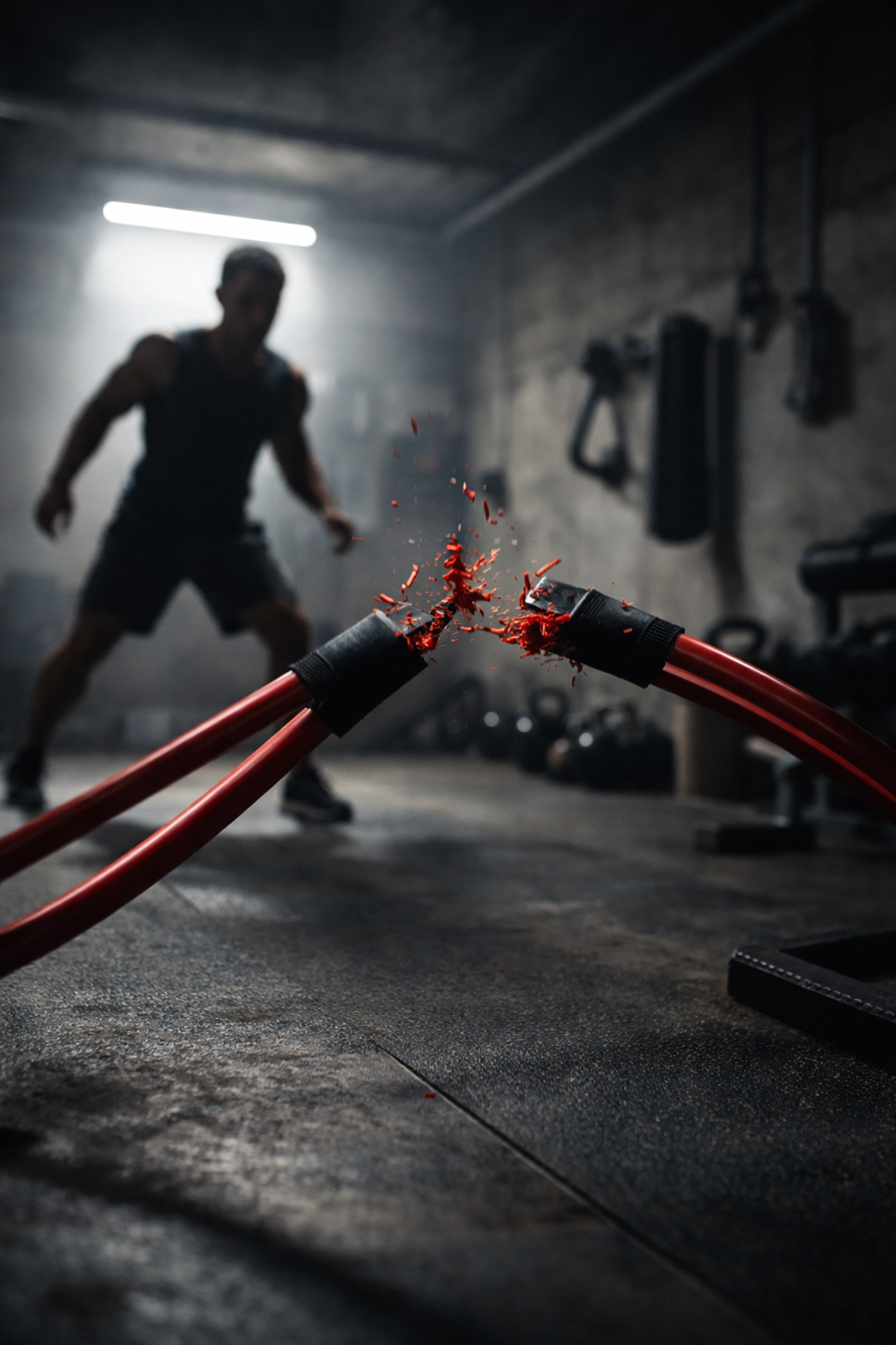 Snapped resistance band in a home gym highlights risks of cheap equipment for bodyweight training.