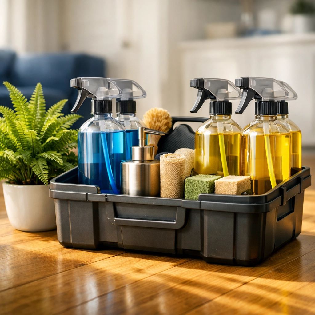 Professional maid services Worcester eco-friendly cleaning kit prepared for a tactical house cleaning mission.