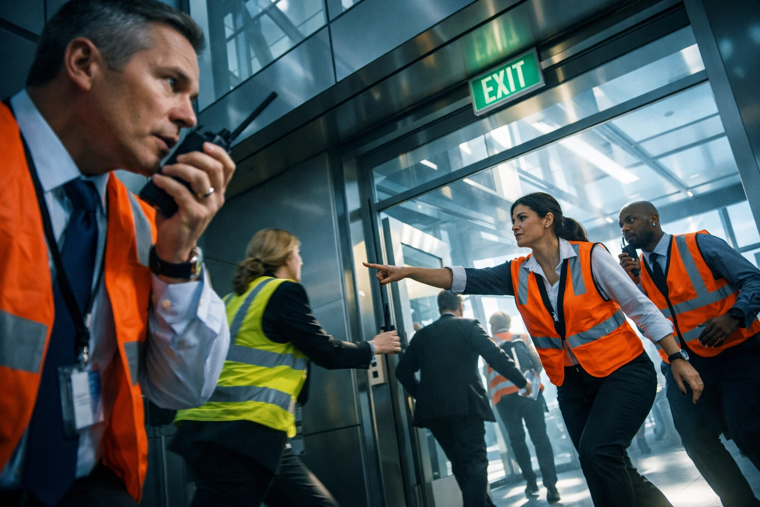 Employees conducting crisis response simulation and emergency drill training in corporate office