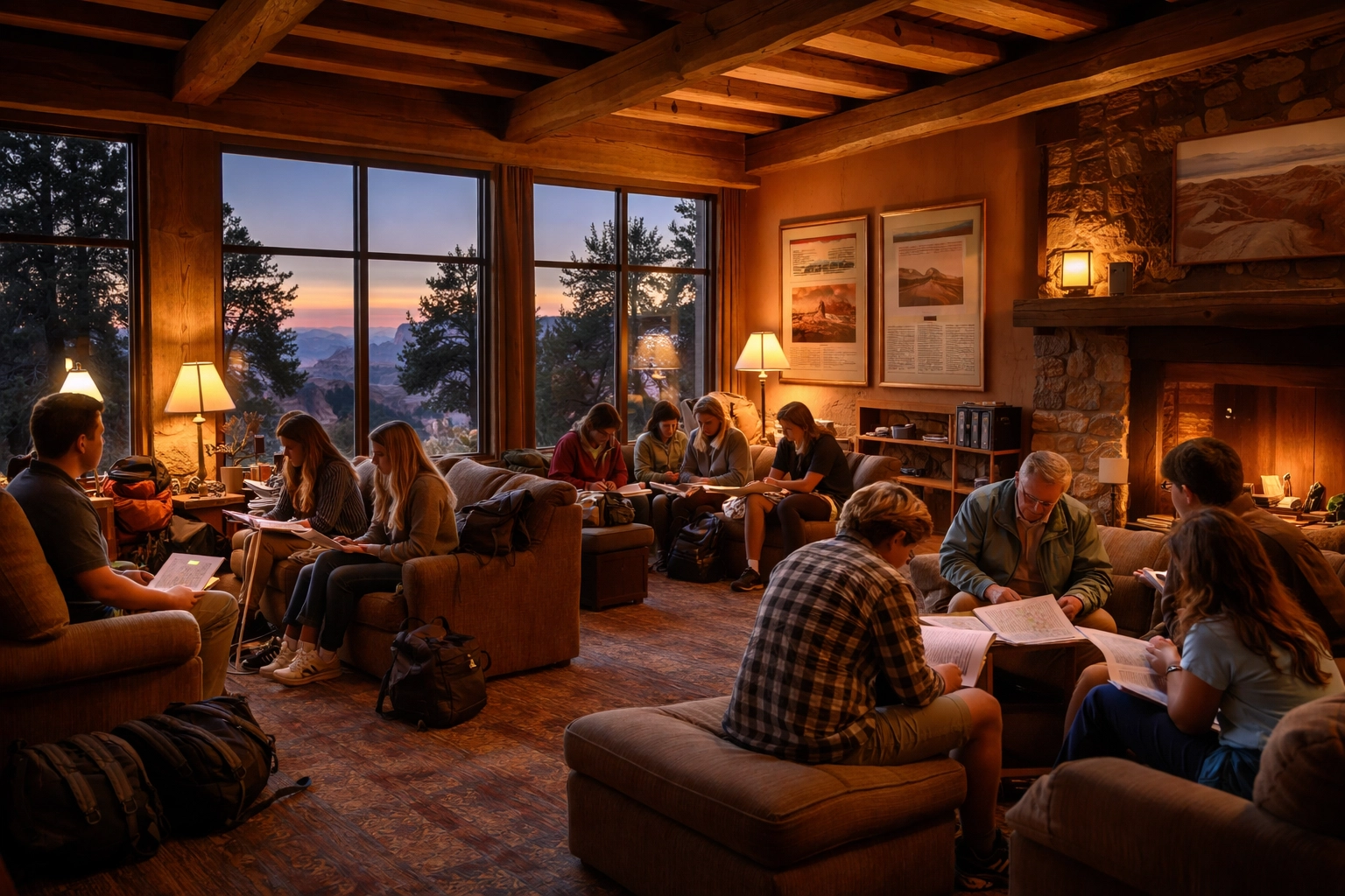 Student groups collaborating in a rustic Grand Canyon lodge, focusing on group accommodations and educational enrichment.