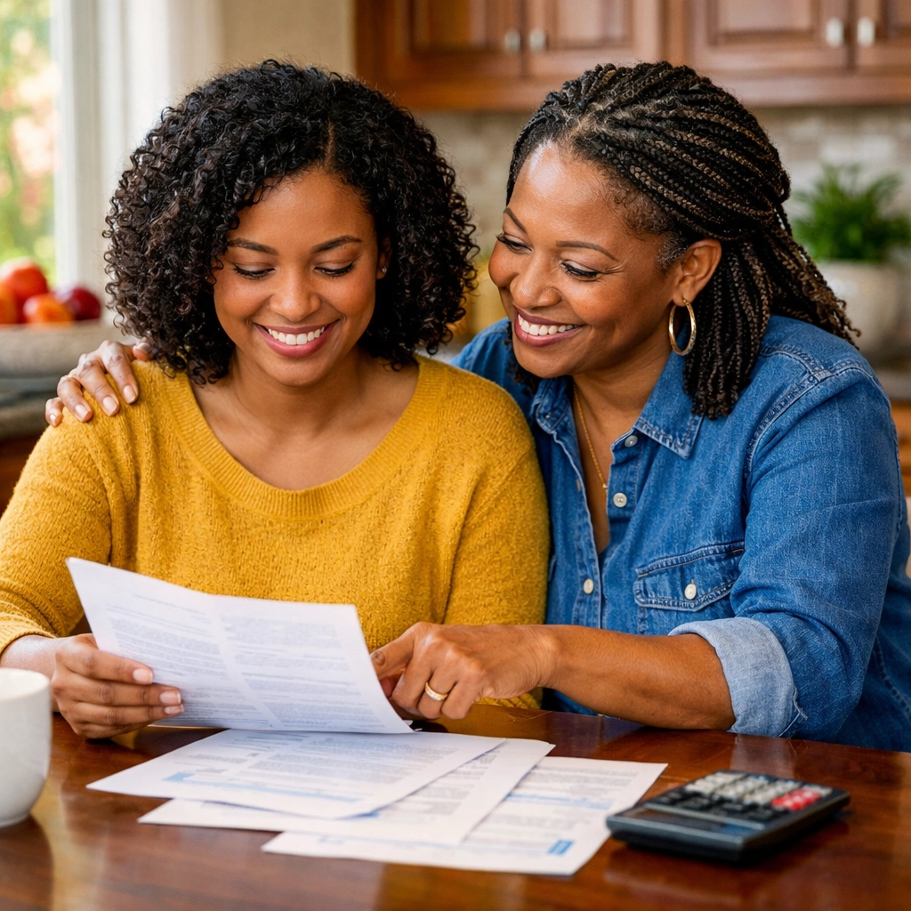 Two women reviewing NJ family assistance programs and rental documents in Burlington County.