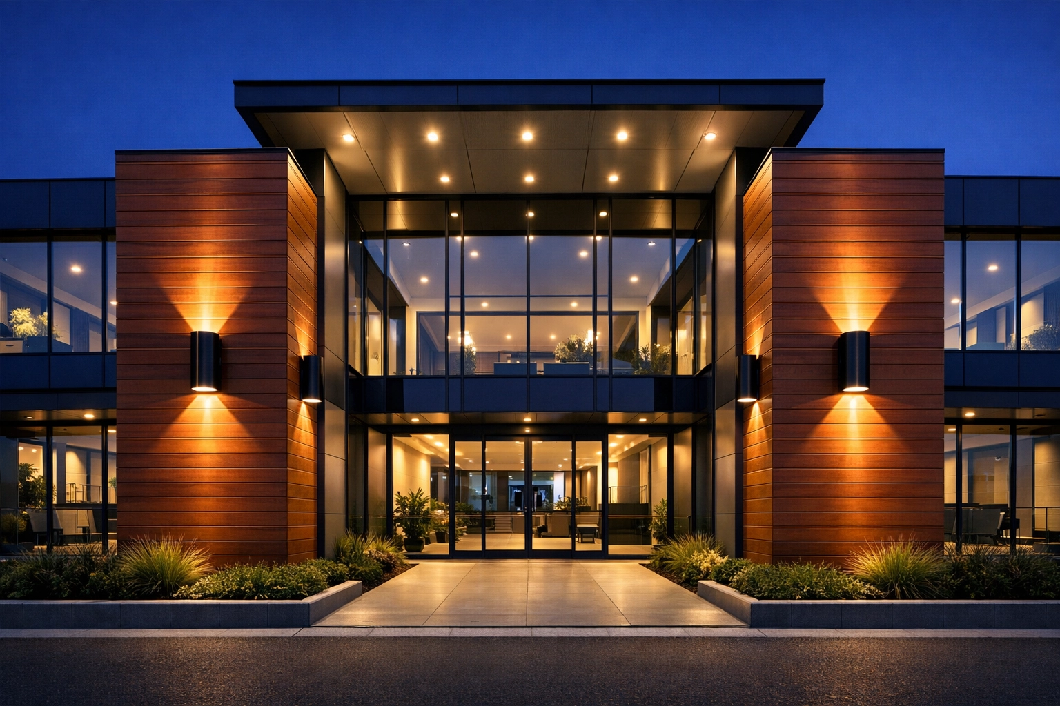 Modern commercial building facade with black LED wall lights highlighting architectural features.