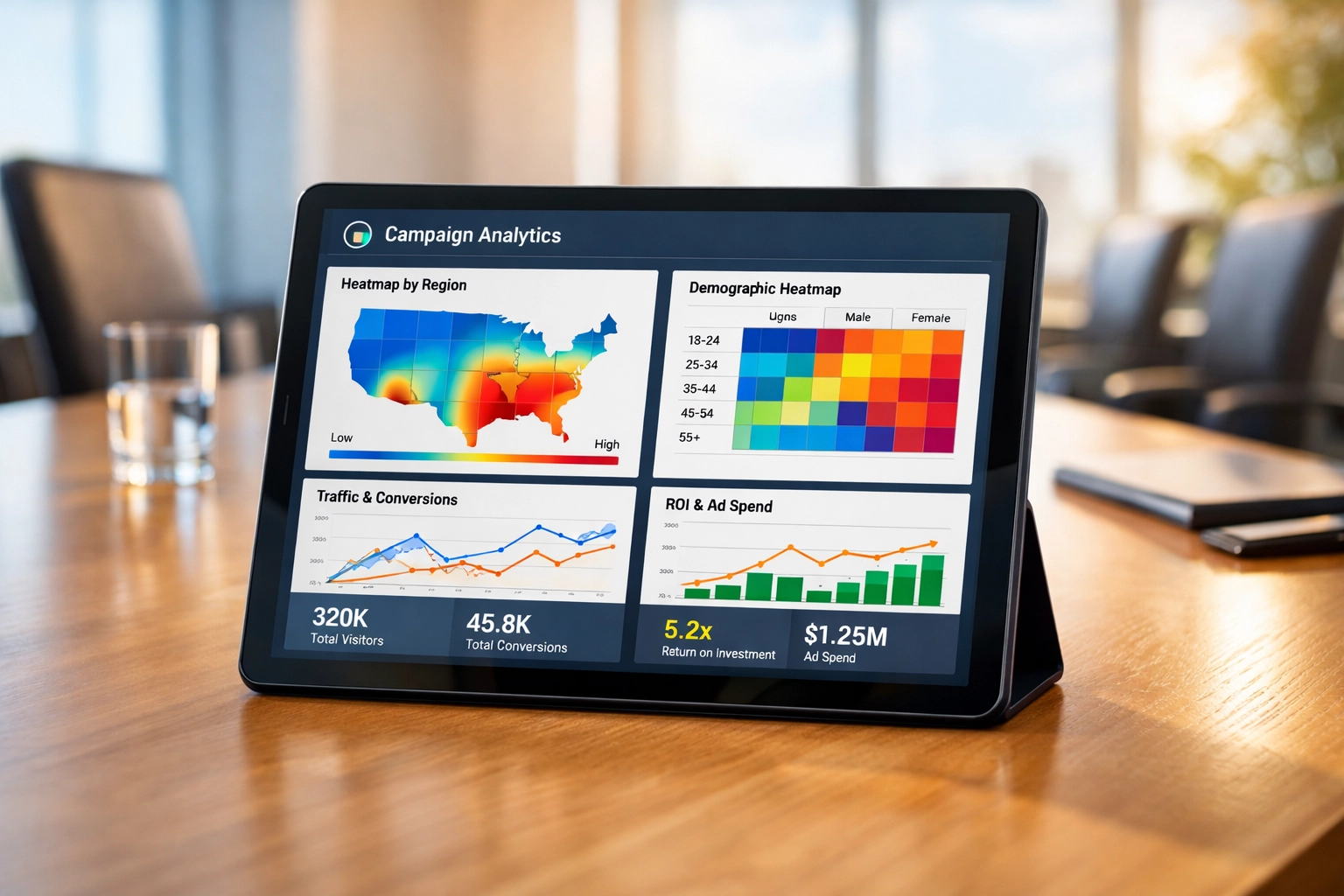 Media planning tablet showing AI-powered DOOH analytics and sports campaign performance data on a dashboard.