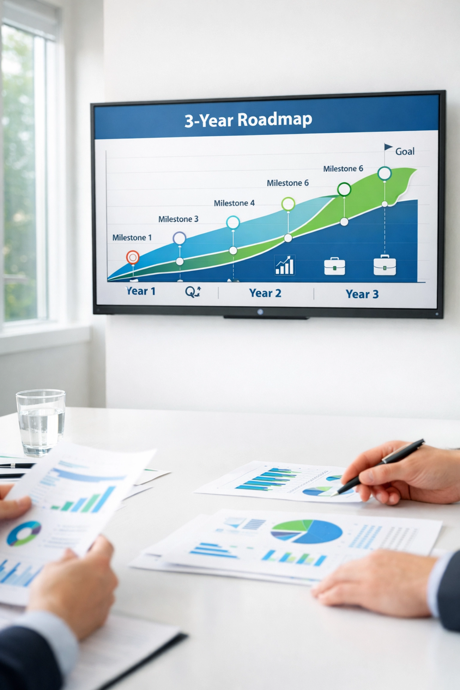 Business team reviewing three-year ServiceNow ROI framework and optimization timeline