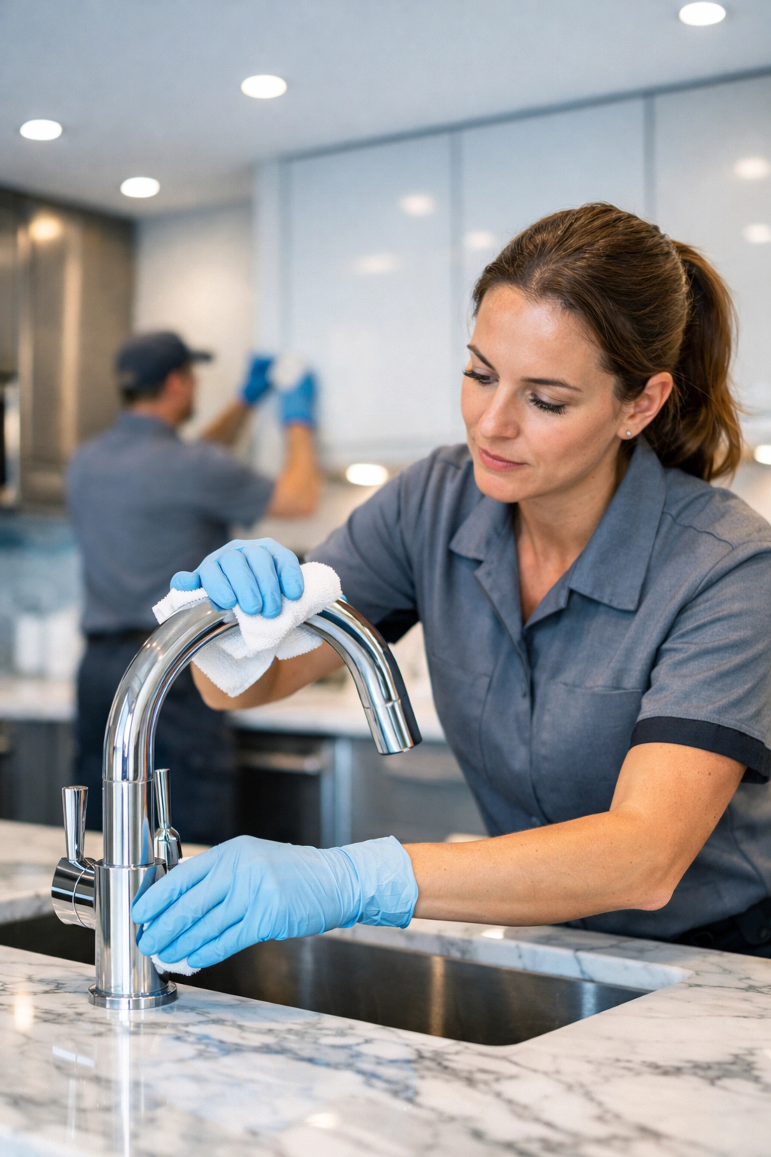 Professional cleaner performing deep make-ready cleaning in a modern apartment kitchen.