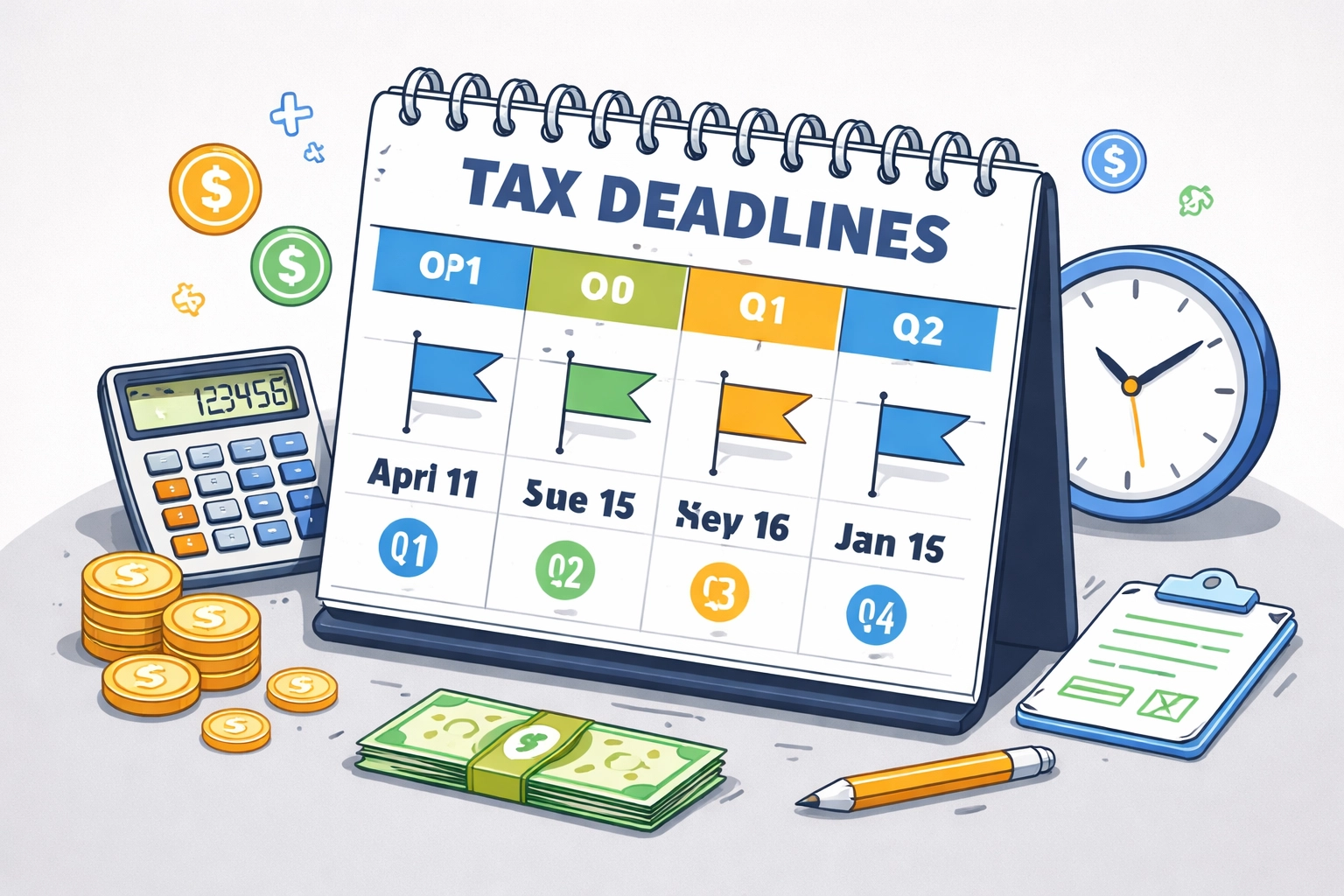 Calendar with marked quarterly tax deadlines surrounded by icons, emphasizing estimated tax payment schedules for New Haven freelancers.