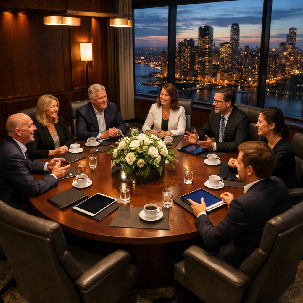 How to Integrate Super Bowl VIP Access With Year-Round Client Relationship Strategy: The 12-Month Corporate Hospitality Calendar Executive roundtable discussion in corporate conference room for strategic business planning