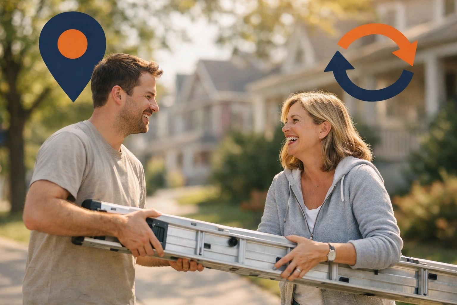 Neighbors in Burlington sharing a ladder on a sidewalk, fostering a local peer-to-peer rental community.