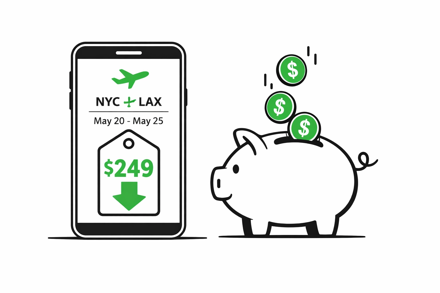 Smartphone showing flight booking price drop with savings going into piggy bank automatically