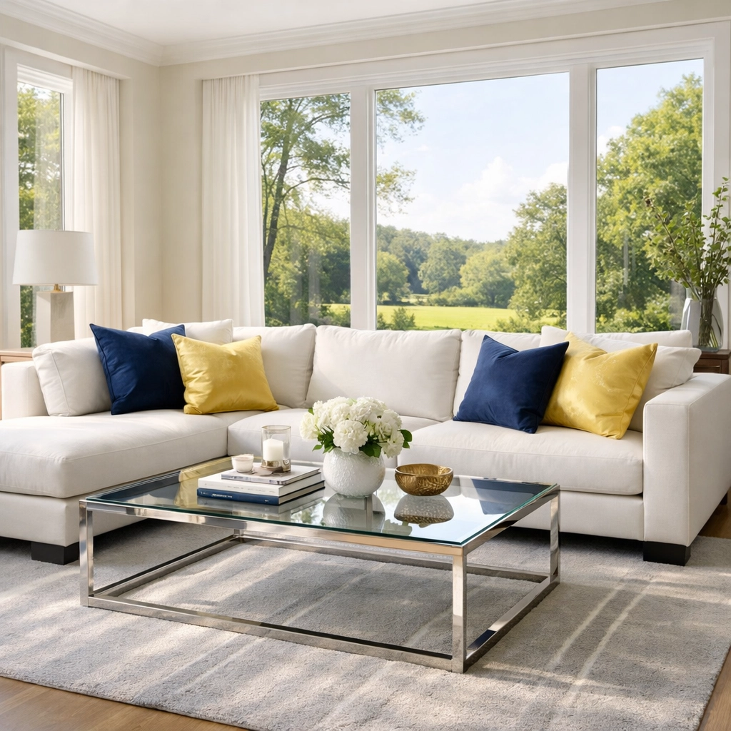 Sun-drenched Westford living room with a perfectly vacuumed rug, showcasing professional weekly house cleaning results.