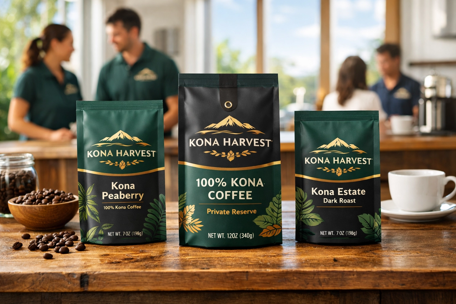 Kona coffee bags with matching custom labels and staff in embroidered polo shirts showing consistent branding