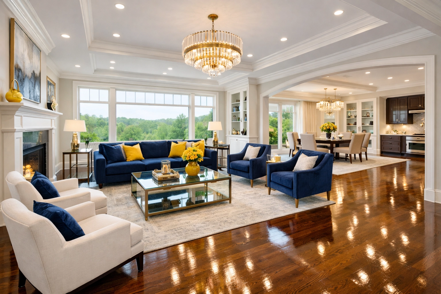 Pristine living room in a Newton estate after expert post-construction cleaning services.