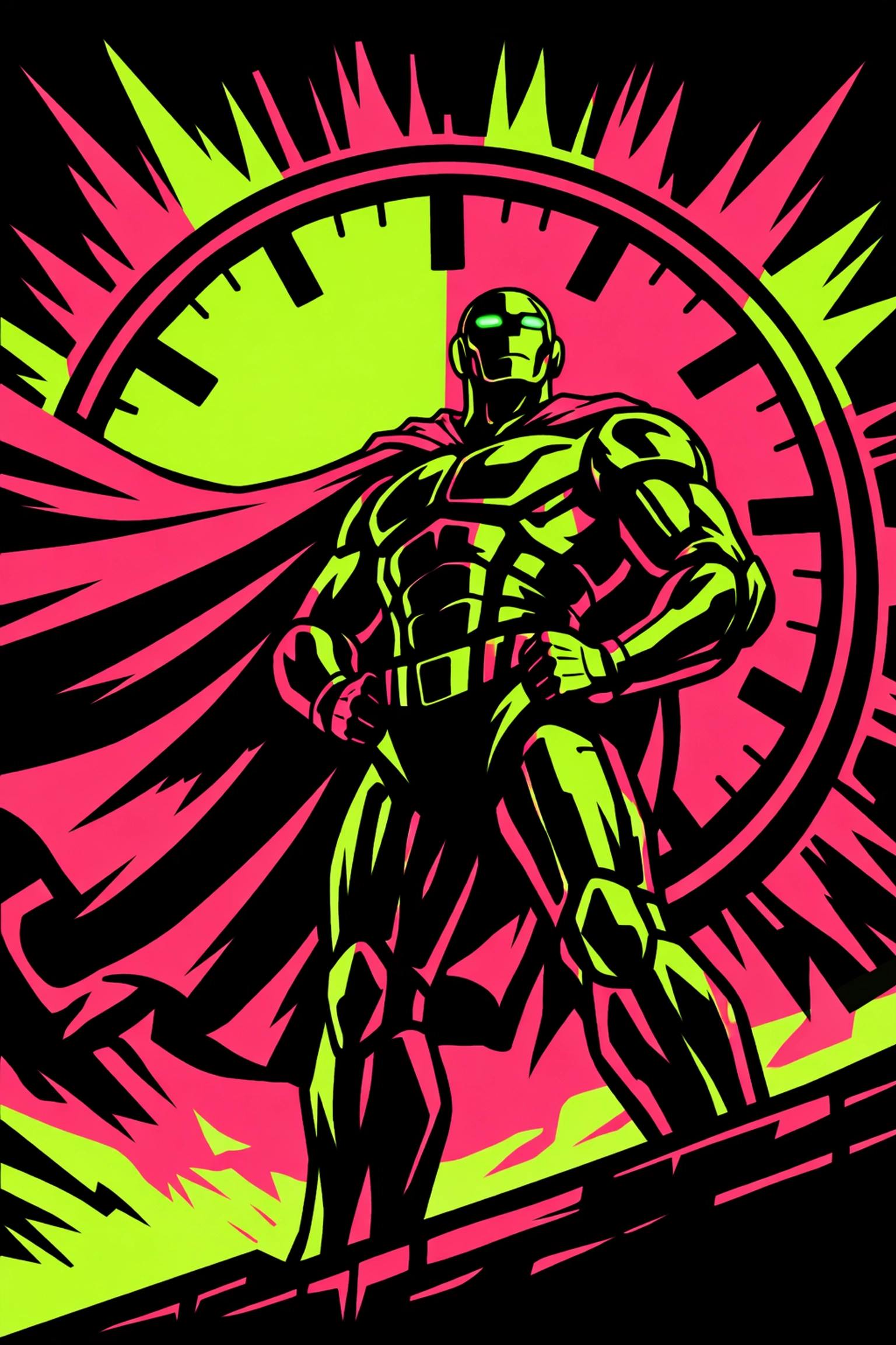 Heroic AI agent standing before a clock to represent time saved through business automation.