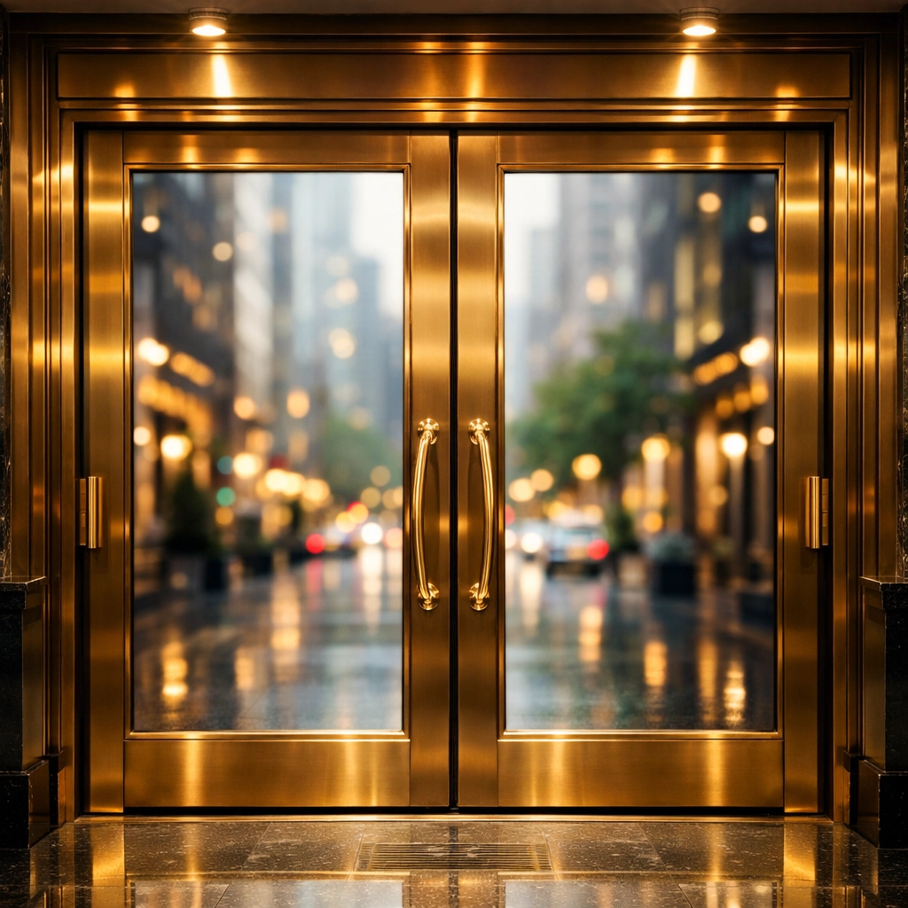 Symmetrical view of pristine bronze-framed glass entrance doors with polished metal hardware.