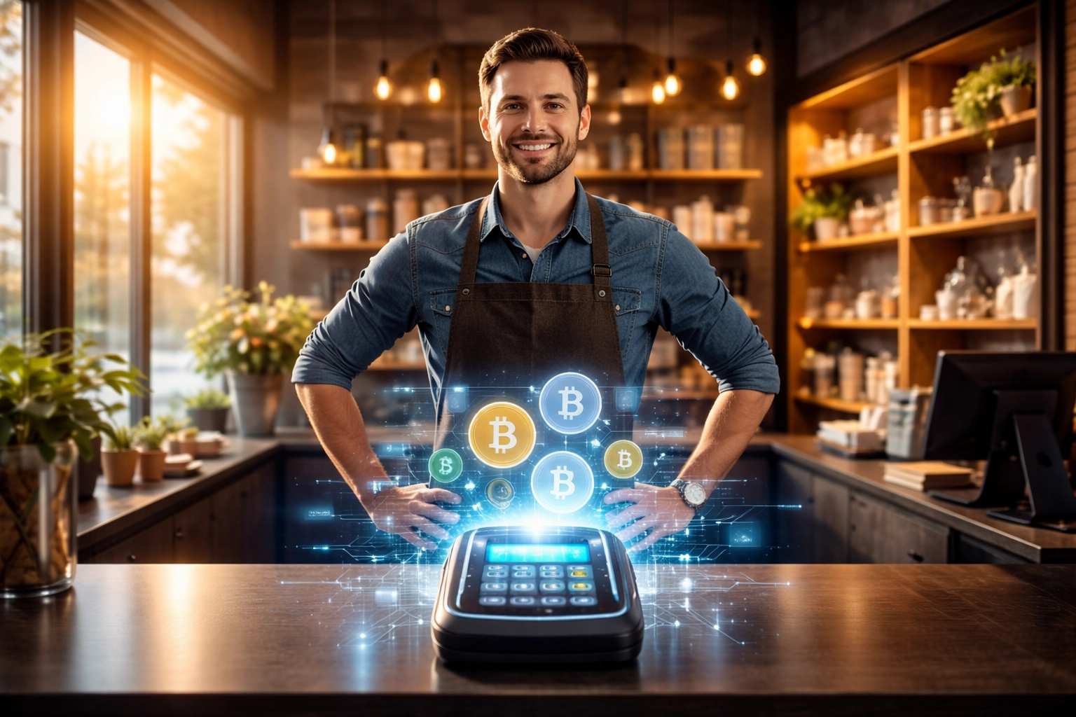 Confident small business owner at retail counter with holographic crypto POS terminal, showcasing Web3 payment solutions