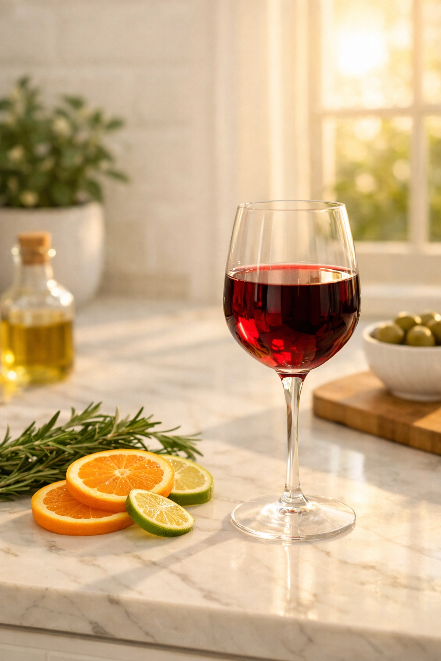 Glass of non-alcoholic red wine on kitchen counter with fresh herbs and citrus