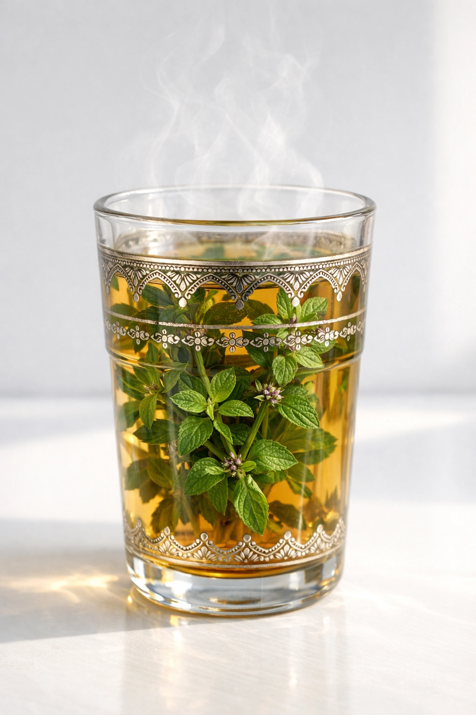 كوب من الشاي المغربي الدافئ مع أغصان فليو الطازجة لتوضيح فوائد فليو الصحية