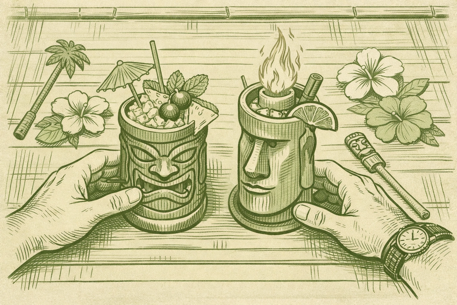 Tiki cocktails in ceramic mugs representing mid-century gay culture and tropical escapism