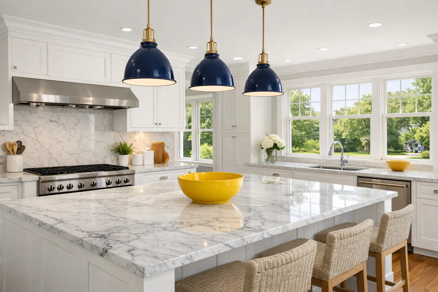 Spotless kitchen with white cabinetry and marble island after professional house cleaning in Ayer, MA.