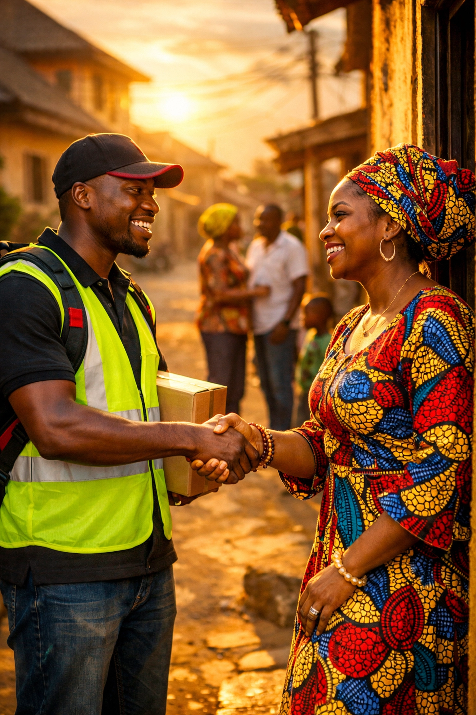 Nigerian delivery agent building trust with local customer at doorstep in West Africa