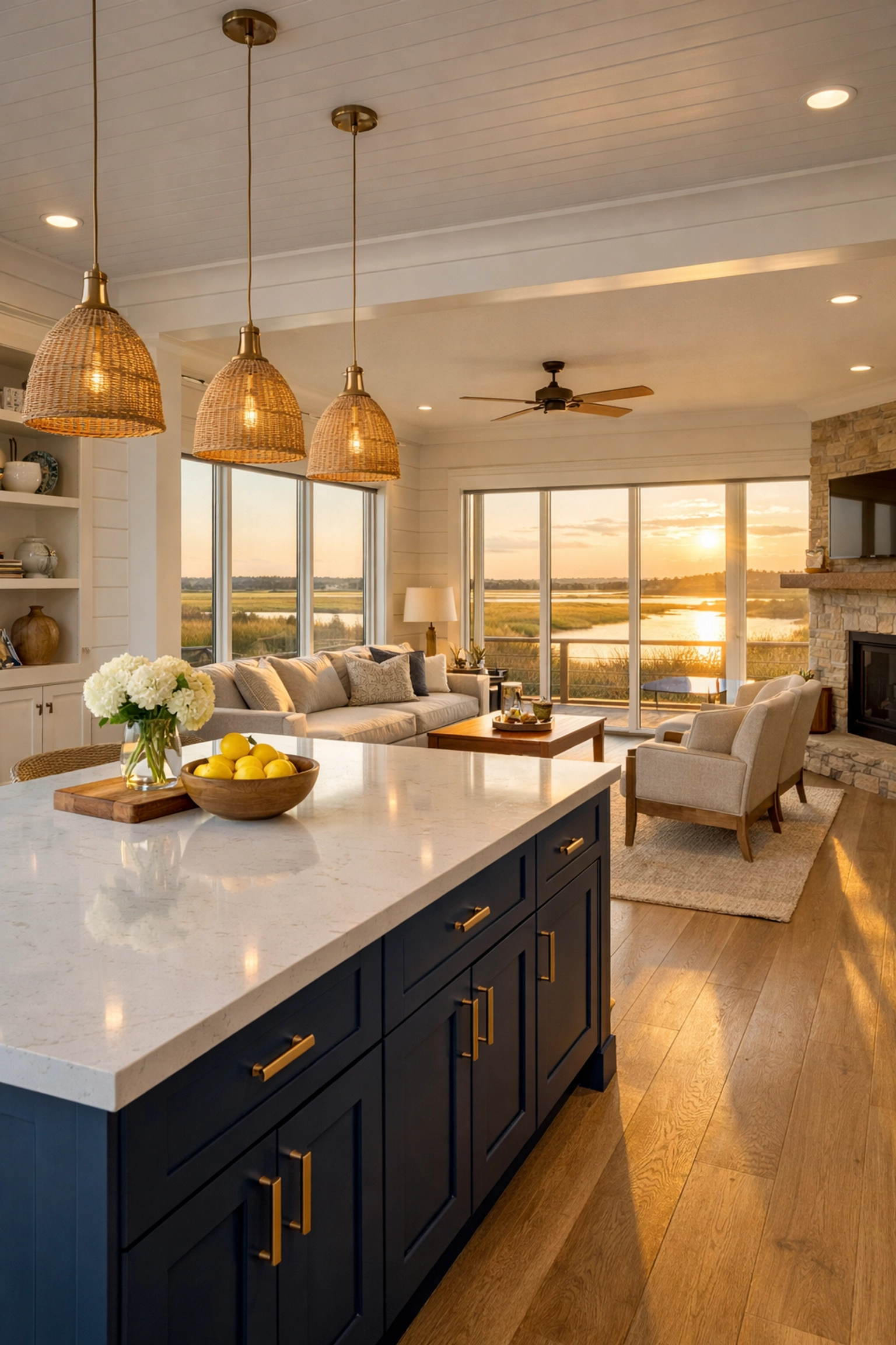 Open-concept coastal NC custom home interior with kitchen island and marshland views