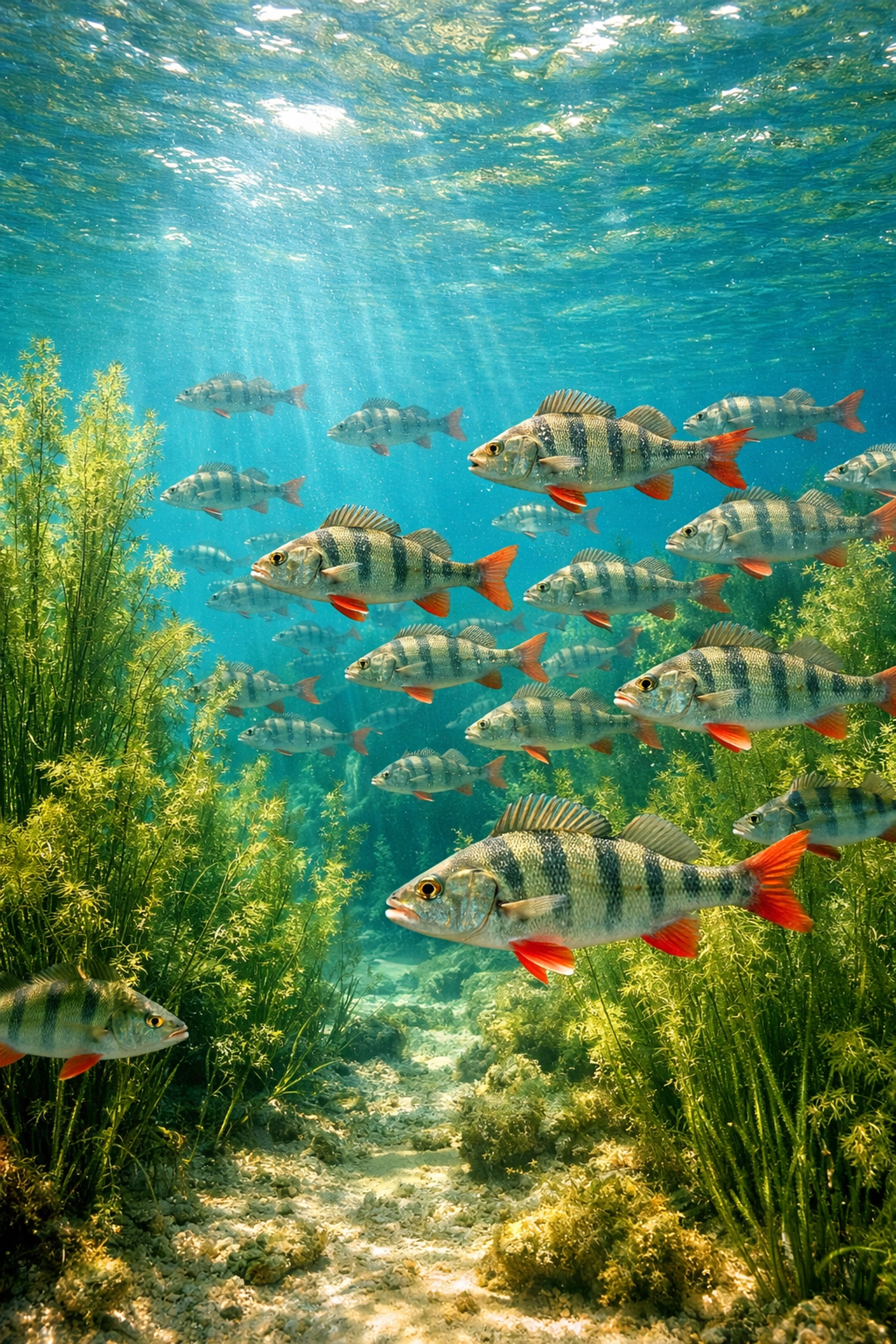 Barschschwarm im klaren Wasser des Goitzschesees - artenreiches Tauchgewässer