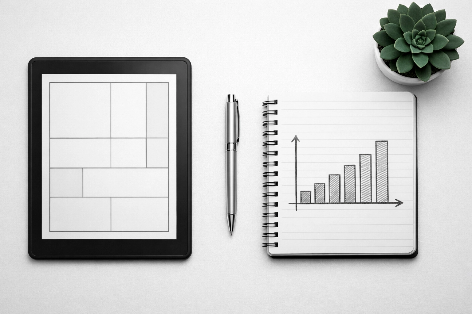 A modern desk with a tablet and notebook displaying a clean financial strategy bar graph.