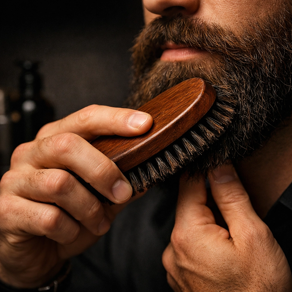 A man using a premium wooden boar-bristle brush during his daily grooming routine for a well-groomed beard.