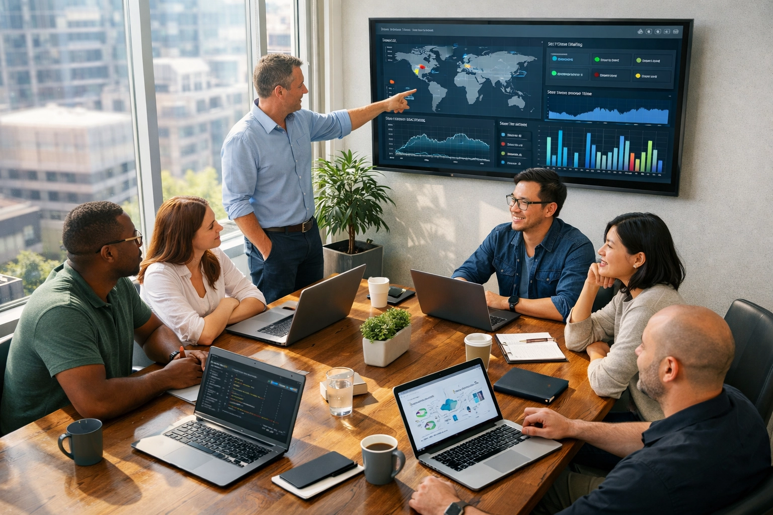 IT operations team using ServiceNow consulting services to plan strategic Agentic AI workflows in a modern office.