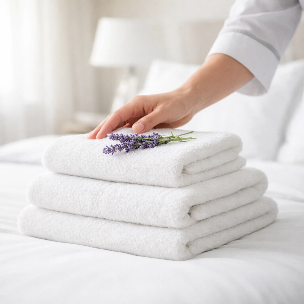 Professional cleaning service preparing a luxury short-term rental bed with fresh linens and towels.