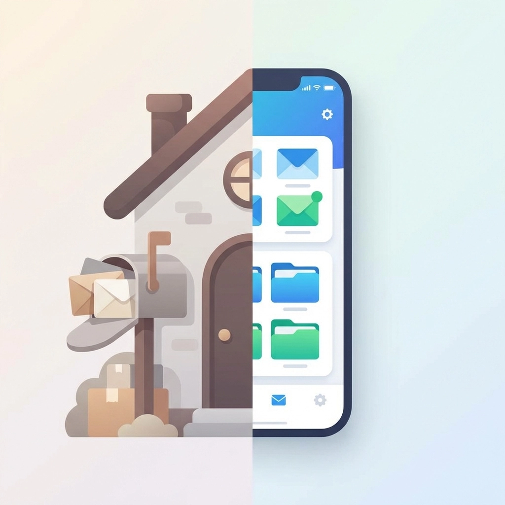 Split-screen of overflowing mailbox and organized smartphone mail app, comparing old and new mail systems.
