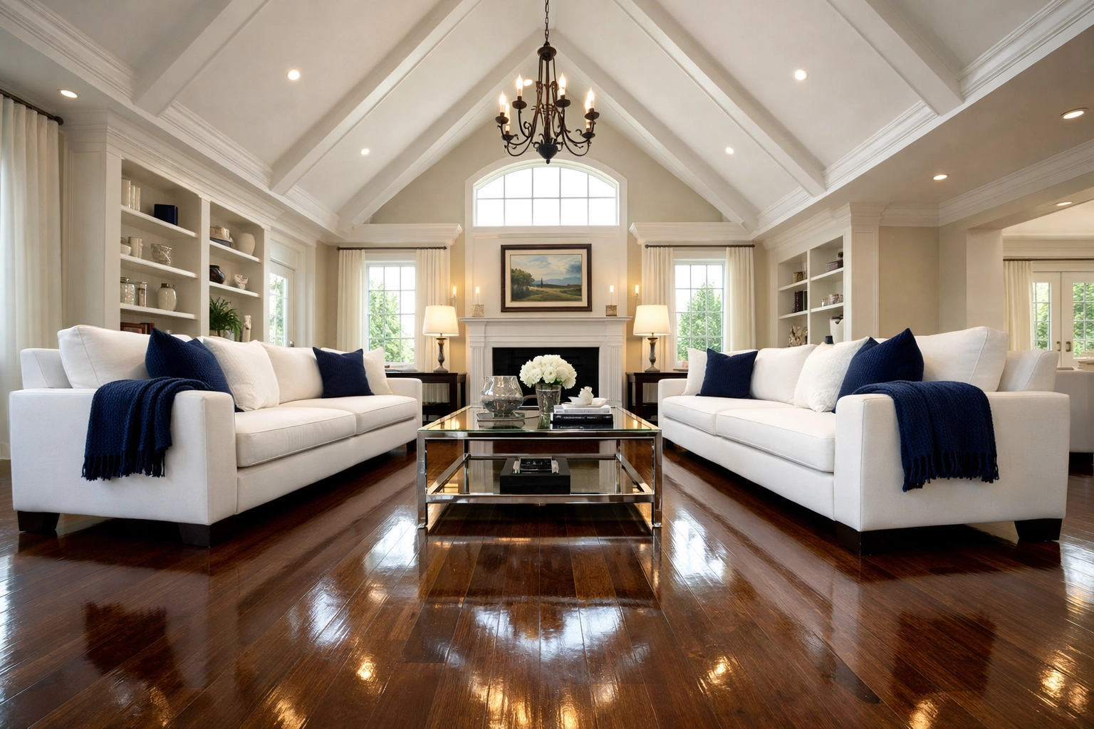 Weekly house cleaning results in a pristine Rochester living room with hardwood floors.