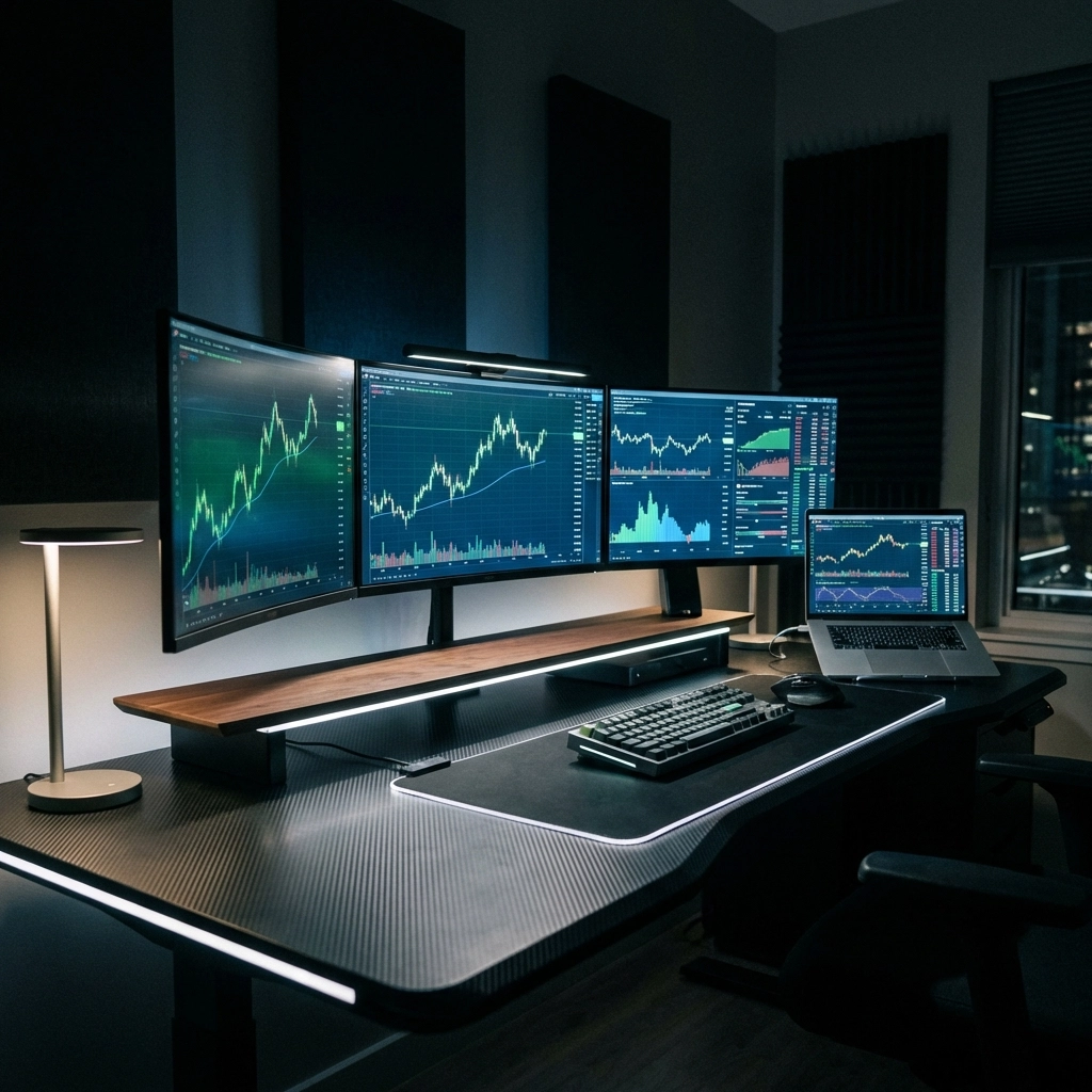 Modern trading desk with multiple monitors displaying crypto futures charts, illustrating prop firm challenge preparation