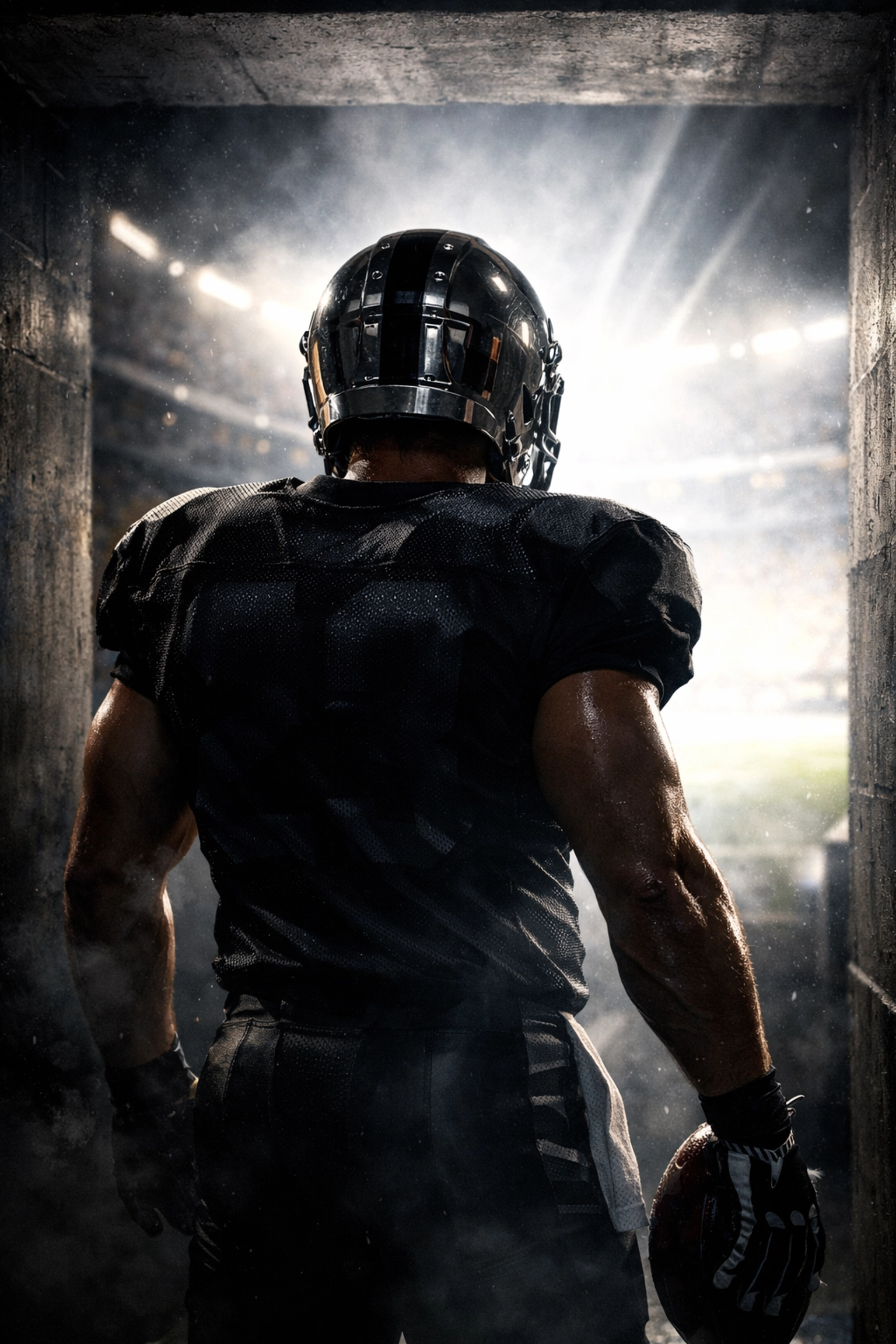Professional football player in a stadium tunnel representing the prestige and high stakes of Super Bowl marketing.
