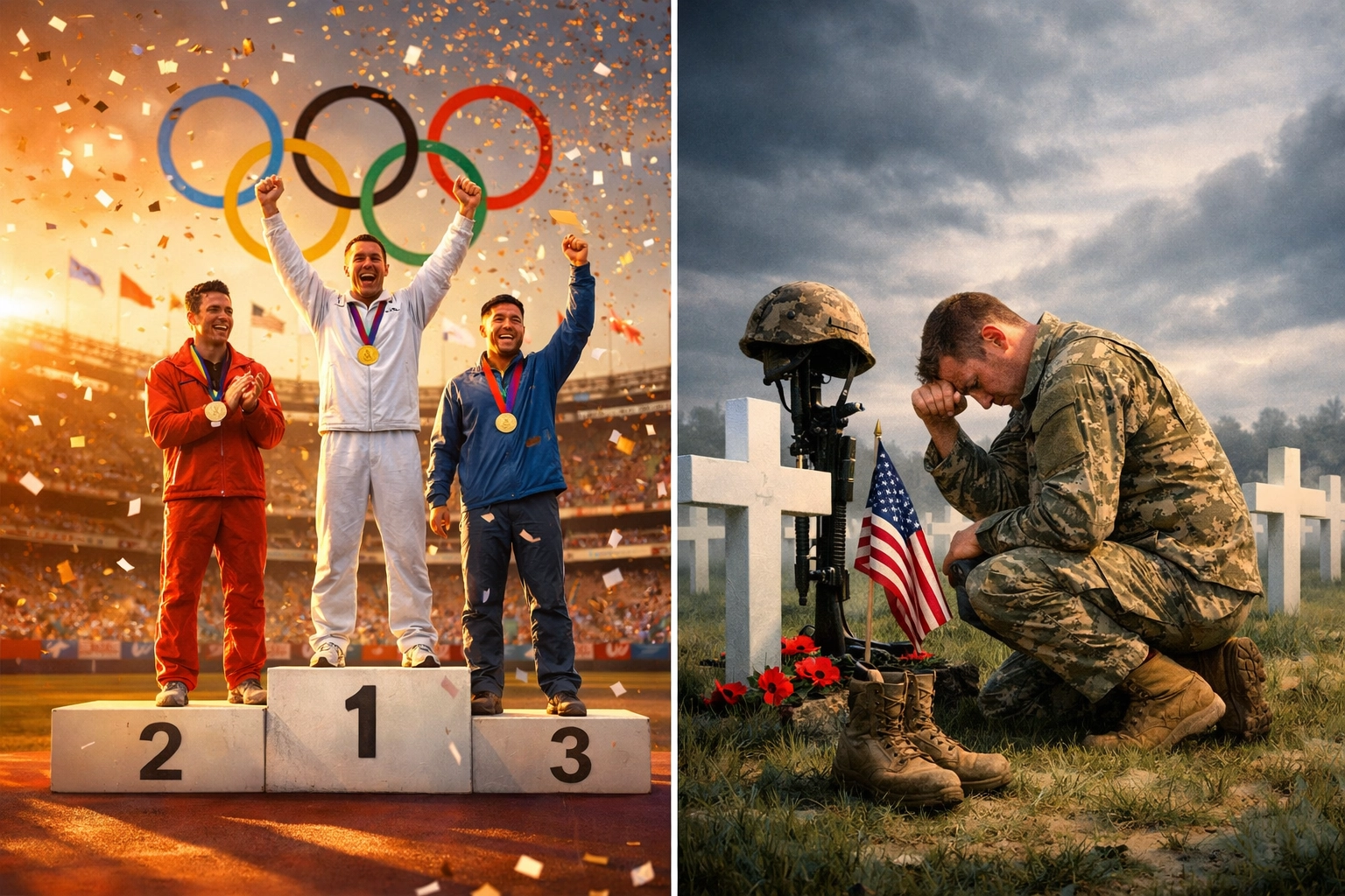Split view of Olympic podium celebration contrasted with somber reflection scene