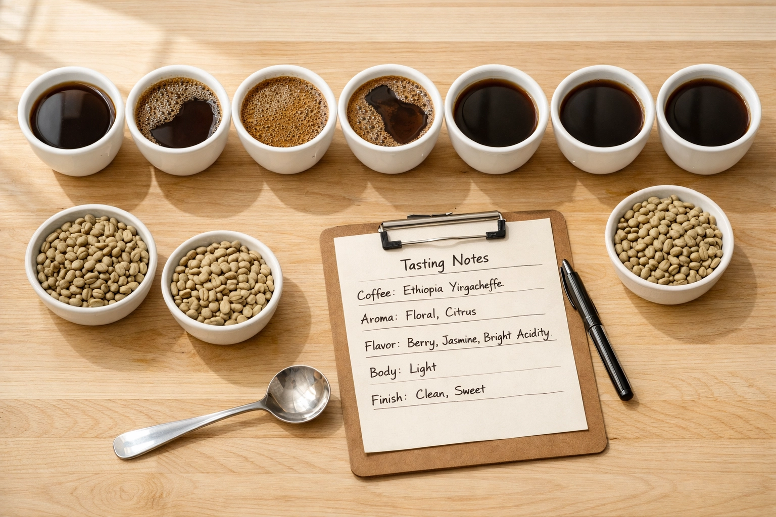 Professional coffee cupping session with tasting notes for evaluating coffee supplier quality