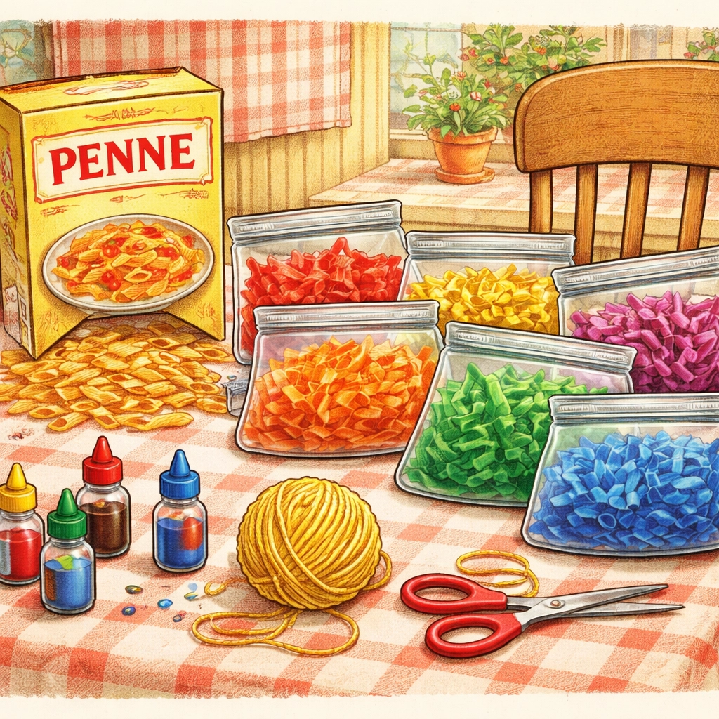 A vintage-style illustration showing supplies for making dyed pasta necklaces, including pasta, food coloring, yarn, and colorful bags on a kitchen table.