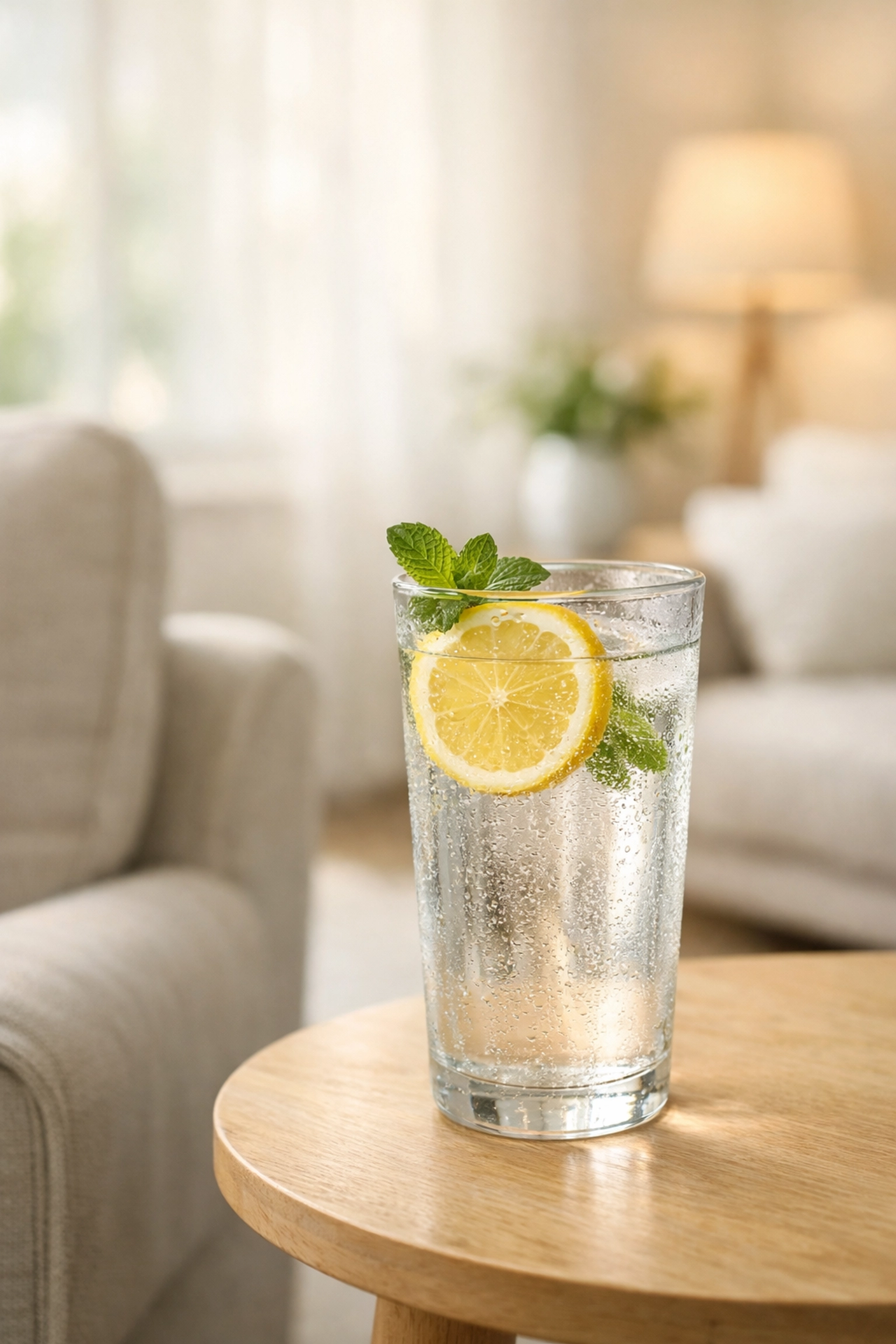 A glass of water with lemon in a living room, illustrating the importance of hydration for fall prevention.