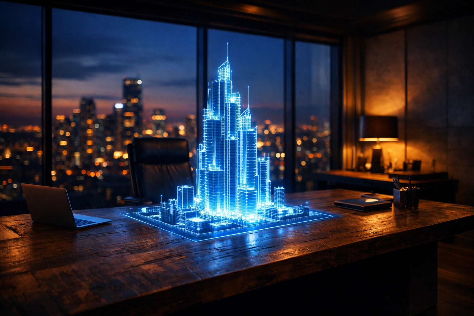 A business leader viewing a holographic skyscraper blueprint representing strategic CEO vision and scaling.